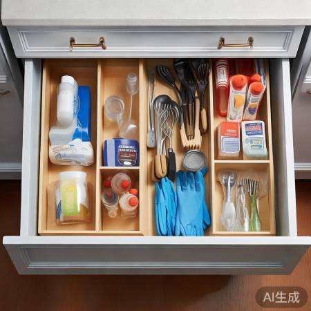 抽屉分区，餐具清洁剂在左
