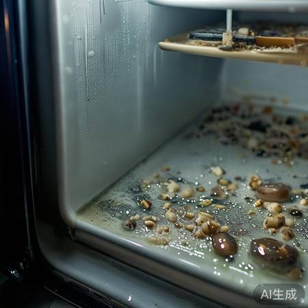 冰箱内部不洁，食物残渣生水汽